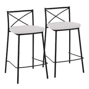 Modern Charlotte 33 in. White Faux Leather and Black Metal High Back Fixed Counter Height Bar Stool (Set of 2)