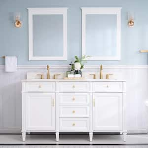 60 in. W x 22 in. D x 35 in. H Solid Wood Freestanding Bath Vanity in White with Carrera White Quartz Top