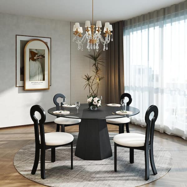 Magic Home Modern 59.05 in. Black Round Tempered Glass Tabletop Dining Table with Black Pedestal Base (Seats 8)