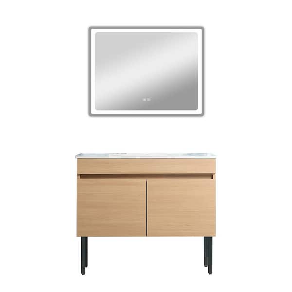 Unbranded 36 in. W x 18 in. D x 19 in. H Single Sink Freestanding Bath Vanity in Brown with White Ceramic Top and Mirror