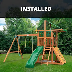 Professionally Installed Outing III Treehouse Wooden Outdoor Playset with Rock Wall, Slide, and Swing Set Accessories