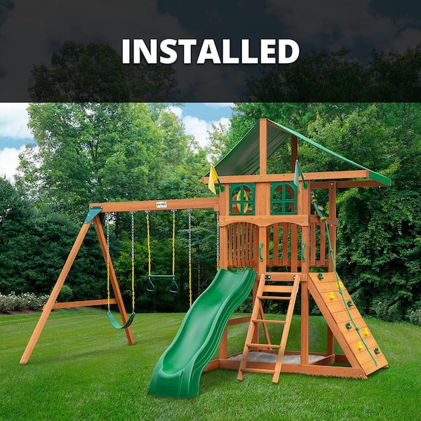 Gorilla Playsets Professionally Installed Outing III Treehouse Wooden Outdoor Playset with Rock Wall, Slide, and Swing Set Accessories