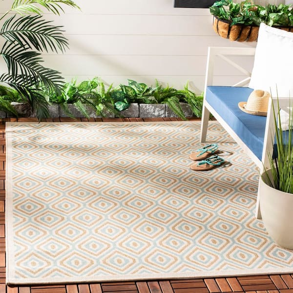 Veranda Cream/Aqua 7 ft. x 10 ft. Geometric Indoor/Outdoor Patio  Area Rug
