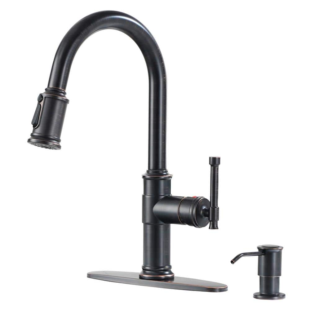 1.8 GPM Single Handle Pull Down Sprayer Kitchen Faucet with Soap Dispenser and Ceramic Cartridge in Oil Rubbed Bronze -  Boyel Living, BL-APS136-ORB