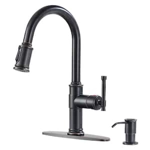 1.8 GPM Single Handle Pull Down Sprayer Kitchen Faucet with Soap Dispenser and Ceramic Cartridge in Oil Rubbed Bronze