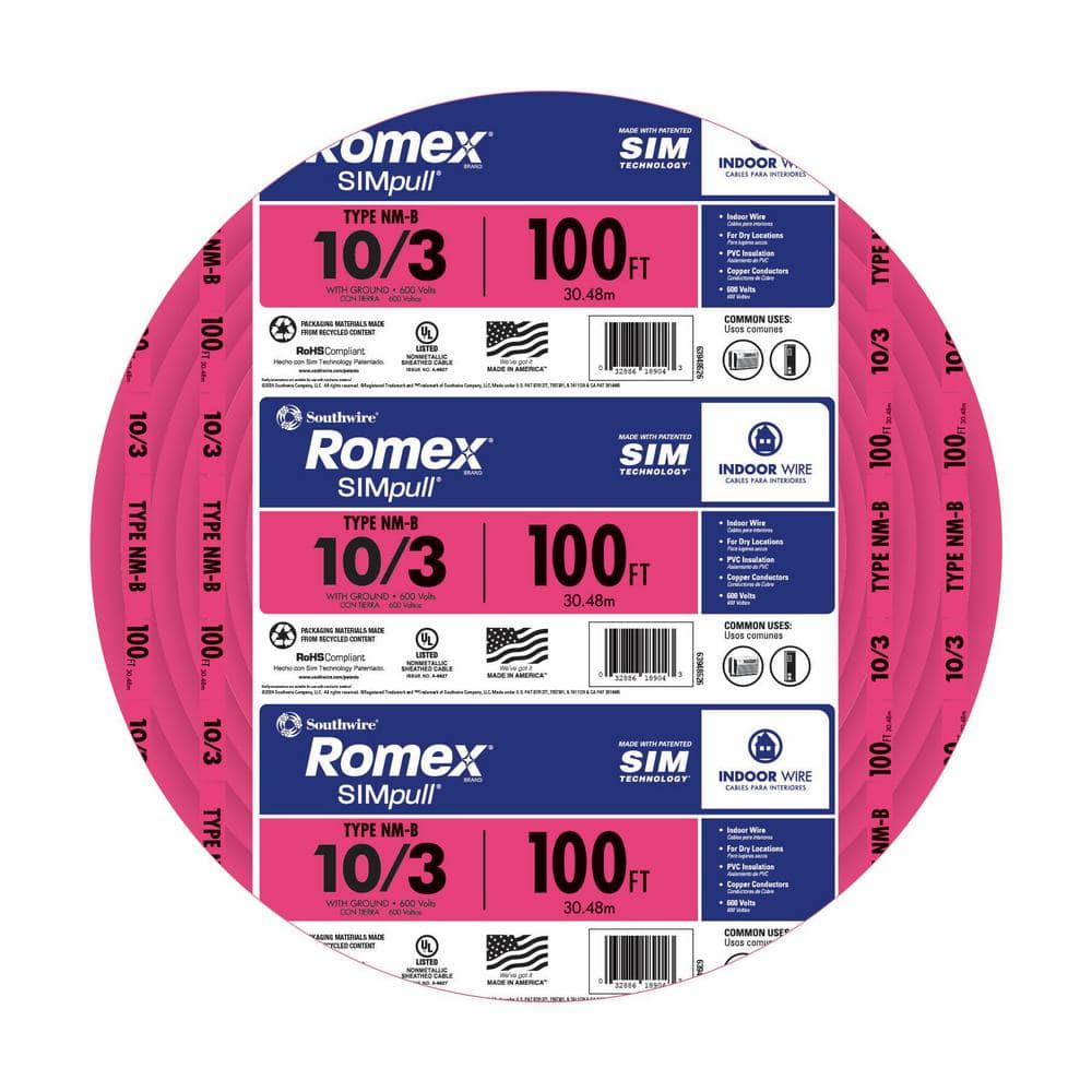 Southwire 100 Ft. 10/3 Solid Romex SIMpull CU NM-B W/G Wire Pink Coil ...