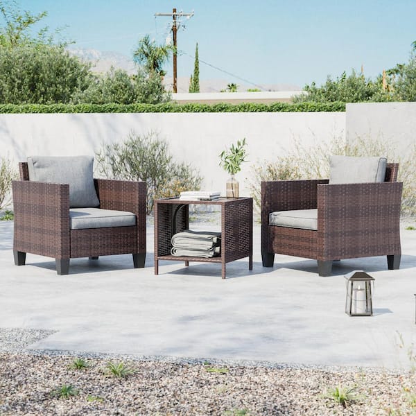3-Piece Brown Wicker Patio Bistro Set Outdoor Single Sofa Set with Side Table for Outdoor Lawn, Linen Grey Cushions