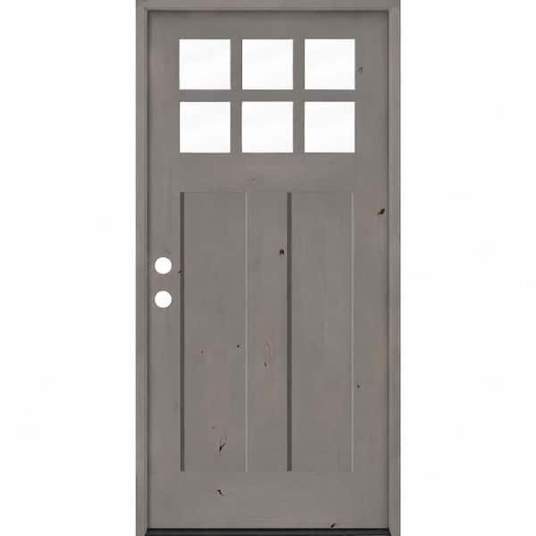 36 in. x 80 in. Craftsman Knotty Alder Right-Hand/Inswing 6Lite Clear Glass Weathered Gray Stain Wood Prehung Front Door