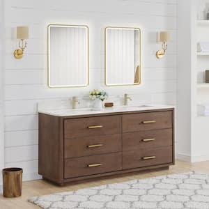 Porto 72 in. W x 22 in. D x 33.8 in. H Double Sink Bath Vanity in Dark Brown with White Quartz St1 Top and Mirror