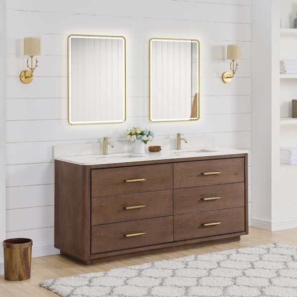 Porto 72 in. W x 22 in. D x 33.8 in. H Double Sink Bath Vanity in Dark Brown with White Quartz St1 Top and Mirror