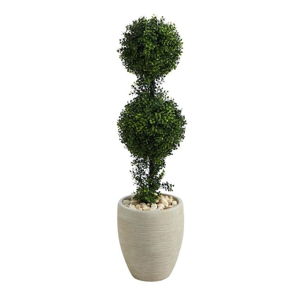 Nearly Natural 3.5 ft. Indoor/Outdoor Boxwood Double Ball Topiary Artificial Tree in Sand Colored Planter