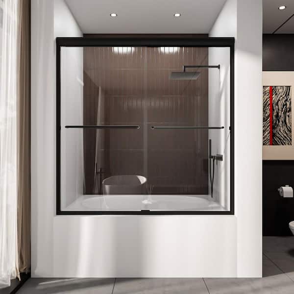 Victory 56 in. H x 60 in. W Sliding Semi-Frameless Tub Door in Matte Black Finish with Clear Glass