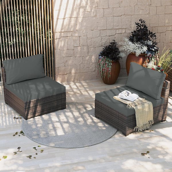 UPHA 2-Pieces Brown Wicker Patio Conversation Seating with Dark Gray Cushions