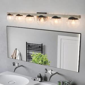 47.5 in. 6-Light Matte Black Industrial Bathroom Vanity Light with Faux Wood Metal Accent
