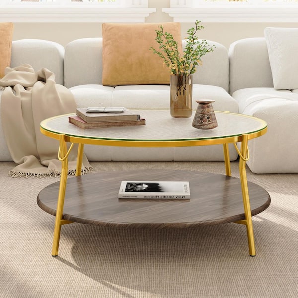 29.9 in. Walnut Round Glass Coffee Table with Glass Top and Gold Base