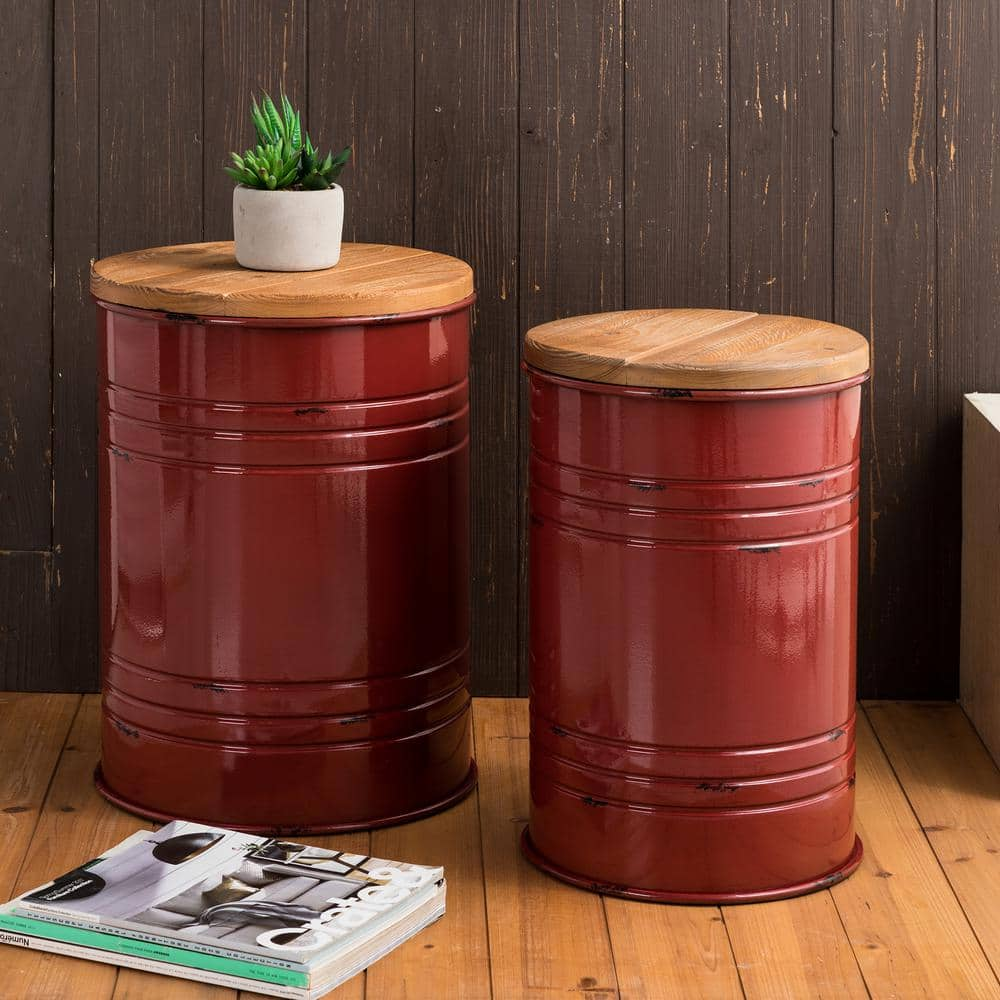 Glitzhome 19H Farmhouse Metal Accent Table Storage Stool Set of 2 - Red