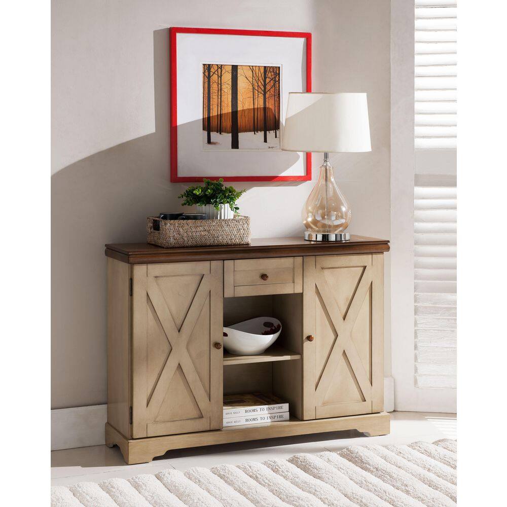 Antique White and Walnut Wood Console Table with Storage