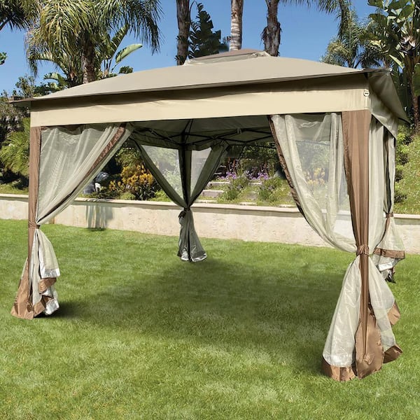 11 ft. x 11 ft. Coffee Outdoor Patio 2-Tier Pop Up Tent Canopy With Removable Zipper Netting
