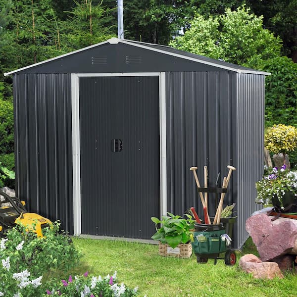 8 ft. W x 6 ft. D Outdoor Metal Storage Shed, Tool House with Metal Foundation for Patio, Yard, Lawn, Black (44 sq. ft.)