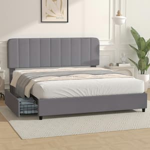 Upholstered Queen Size Platform Bed Frame with 4 Storage Drawers and Headboard Wooden Slats Support Gray