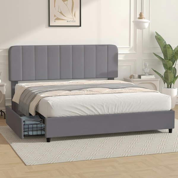VECELO Upholstered Queen Size Platform Bed Frame with 4 Storage Drawers and Headboard Wooden Slats Support Gray