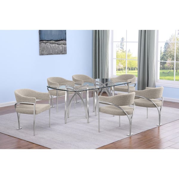 Best Quality Furniture Amelia 7-Piece Clear Tempered Glass Top Chrome Plated Base Dining Set with 6 Grey Color Chairs