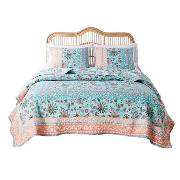 Benjara 3-Piece Blue and White Solid Queen Size Microfiber Quilt Set