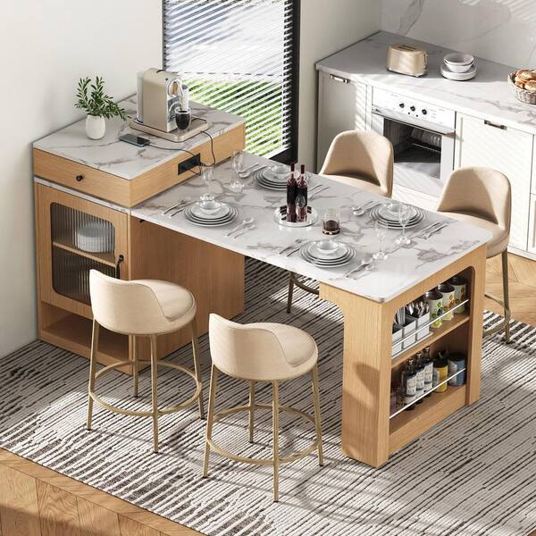 Polibi Natural Wood 59.50 in. Kitchen Island with Extendable