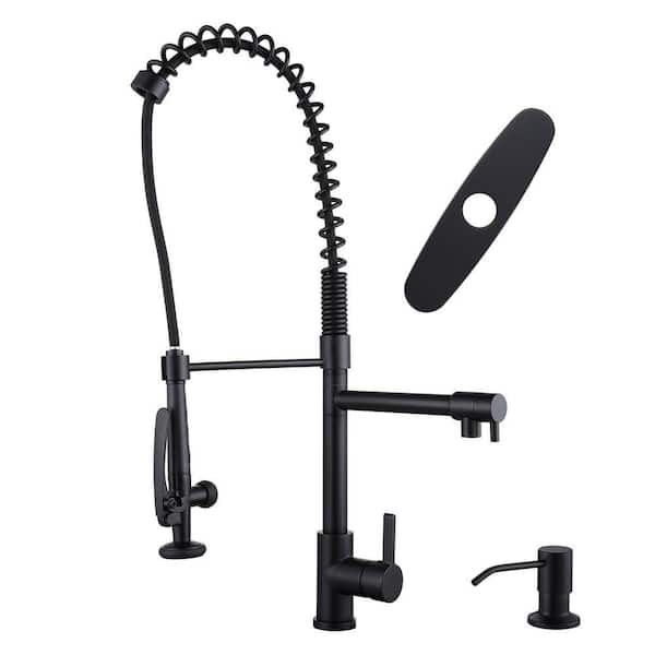 28.7 in. Single Handle Spring Pull Down Sprayer Kitchen Faucet with 360° Swivel Spout and Soap Dispenser in Matte Black