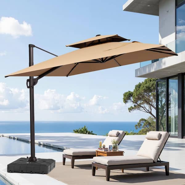 11 ft. x 9 ft. Double Top Rectangular Cantilever Patio Umbrella in Tan Brown with 260 lbs. Base Stand