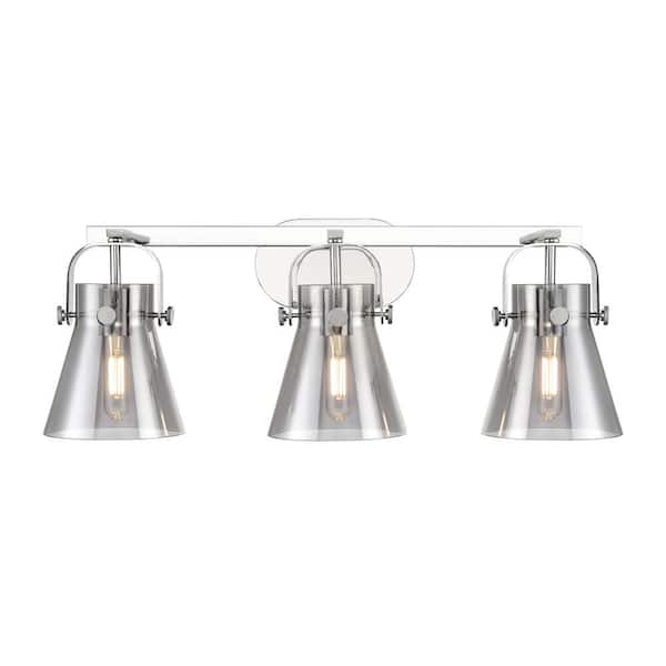 Innovations Pilaster II Cone 26.5 in. 3-Light Polished Chrome Vanity Light with Glass Shade