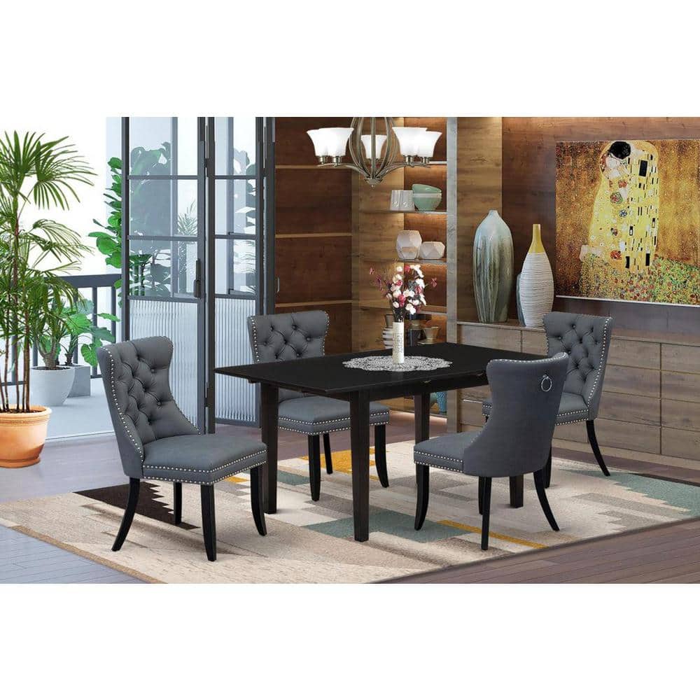 5-Piece Black Finish Solid Wood Top - Rectangular Upholstered Dining Room Set with Butterfly Leaf (Seats-4)
