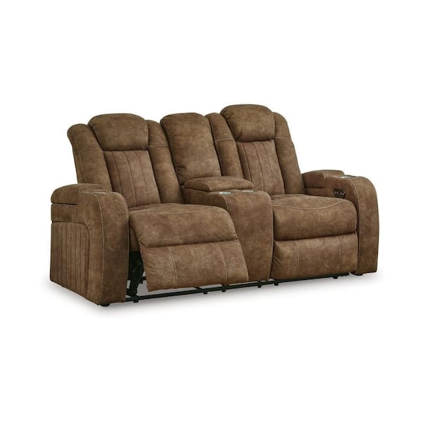 Benjara Zane Brindle Brown Faux Leather Glider Power Recliner Chair with Adjustable Headrest