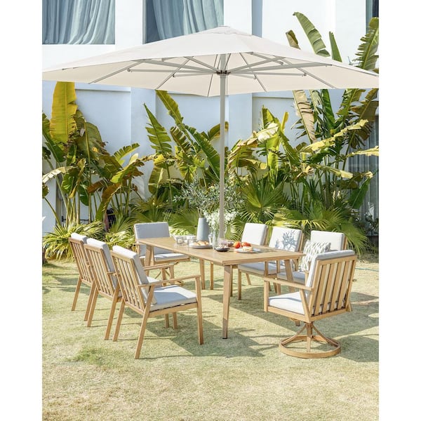 RUIZI Light Brown Wood 9-Piece Aluminum Outdoor Dining Set with 2-Swivel Dining Chairs, Rectangular Table and Beige Cushions