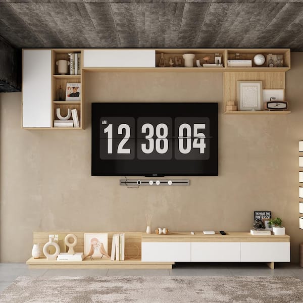 FUFU&GAGA 2-Piece Brown Wood Wall Mount Entertainment Center Media TV Stand with TV Console, Shelves, Drawers for TVs up to 70 in.