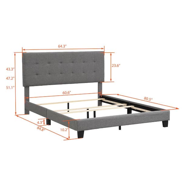 Bed Frame Queen Size With Tufted Padded Headboard Gray Finish Upholstered Wood 