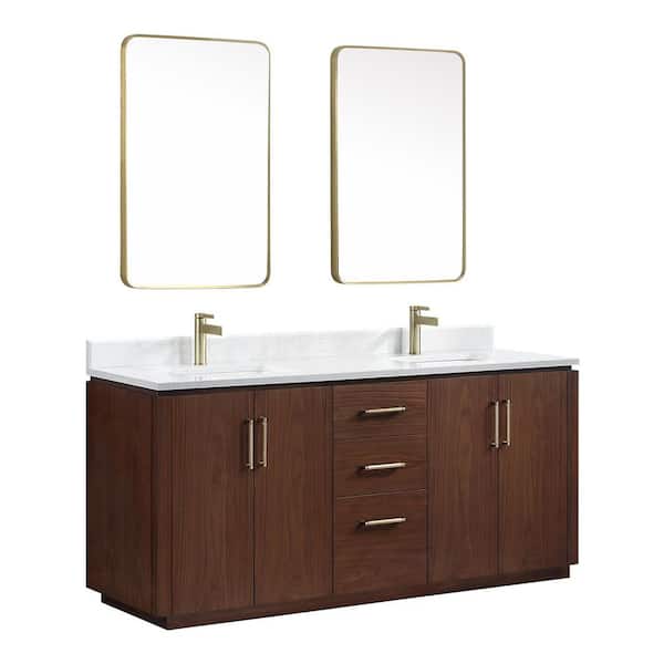 San 72 in.W x 22 in.D x 33.8 in.H Double Sink Bath Vanity in Natural Walnut with White Composite Stone Top and Mirror