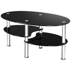 35 in. Black Tempered Glass Oval Coffee Table with Shelves