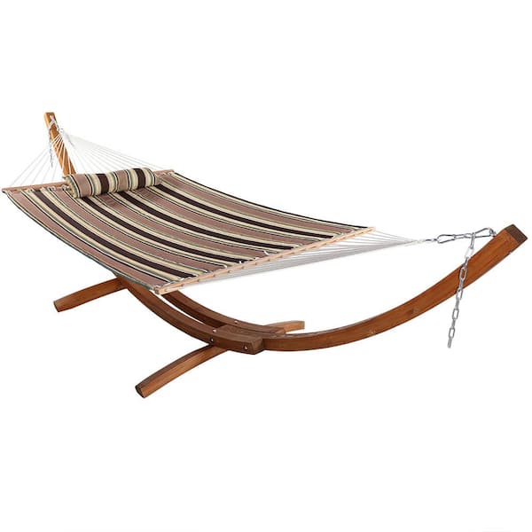Sunnydaze 11-3/4 ft. Quilted 2-Person Hammock with 13 ft. Wooden Curved Arc Stand in Sandy Beach