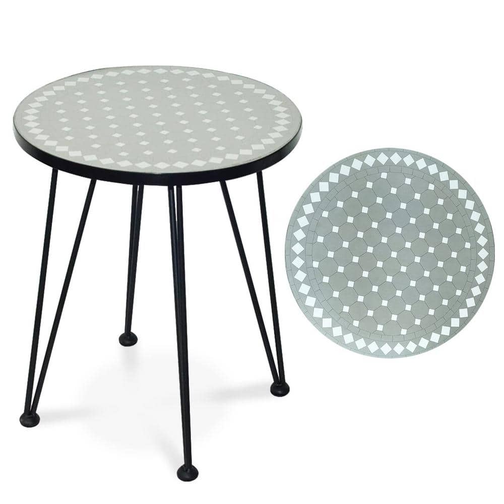 Grey Mosaic Side Table-Morden Round Coffee Table Small Patio Side 