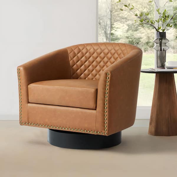 Coffee PU Leather Upholstered 360° Swivel Arm Chair with Nailhead Trim (Set of 1)