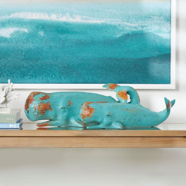 Litton Lane Teal Polystone Distressed Whale Sculpture with Brown Wood Inspired Accents (Set of 2)