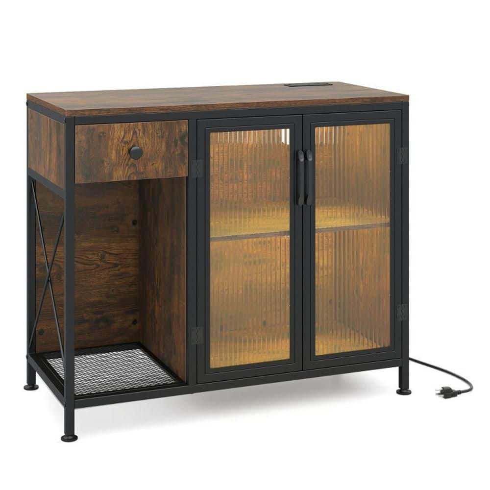 Brown MDF Buffet with Power Outlets, LED Lights