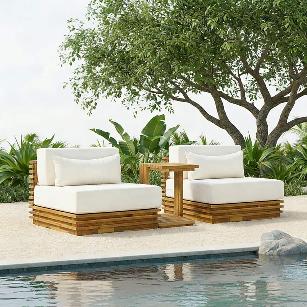 Primrose 3-Piece Acacia Wood Patio Outdoor Conversation Set with Beige Cushions, Natural Side Table
