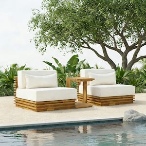 Primrose 3-Piece Acacia Wood Patio Outdoor Conversation Set with Beige Cushions, Natural Side Table