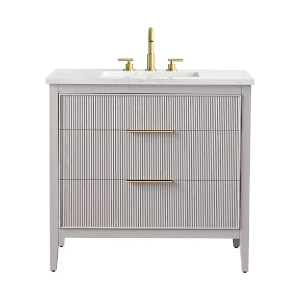 Emma 36 in. W Bath Vanity in Taupe with Engineered Stone Top in Arabescato with White Sink