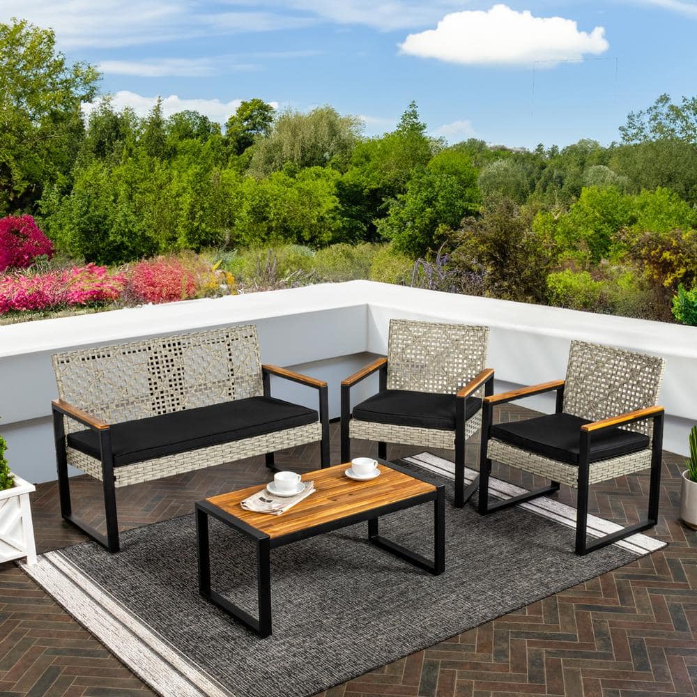 Wilder Black and Natural Faux Wicker 4-Piece Patio Set