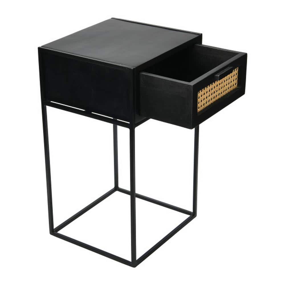 Compact Black Mango Wood Nightstand with Woven Cane Drawer