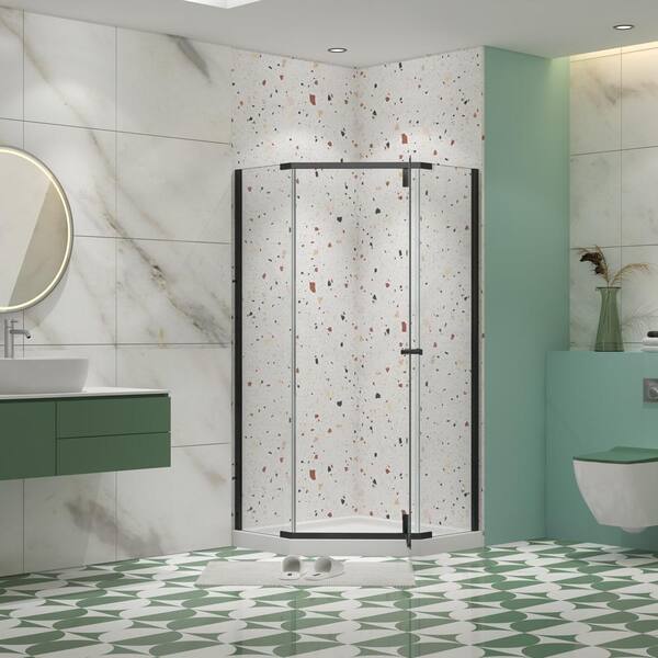 TOOLKISS 34.75 in. W x 72 in. H Neo-Angle Pivot Semi Frameless Corner Shower Enclosure in White with Clear Glass
