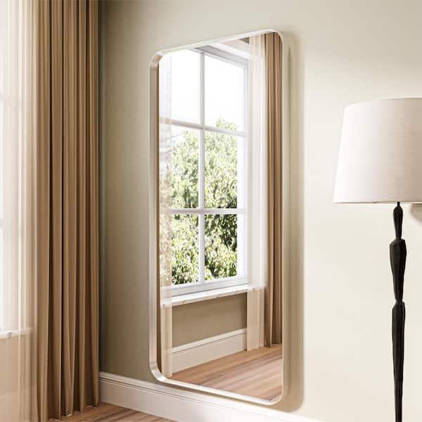28 in. W x 60 in. H Rectangular Modern Silver Aluminum Framed Rounded Full Length Mirror